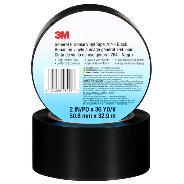 3M Vinyl Tape, 5.0 Mil, 2"x36 yds, Black, PK24 T967764B - main
